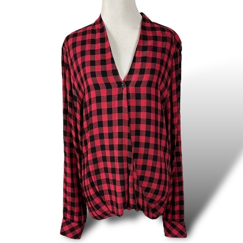Anthropologie Cloth & Stone Large Top Buffalo Check Plaid Long Sleeve V Neck